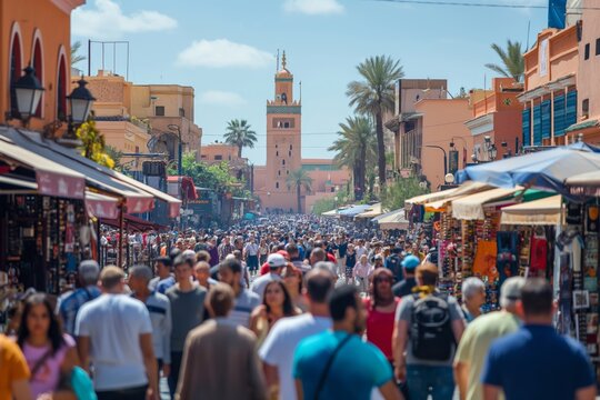 Bustling city square with diverse crowd