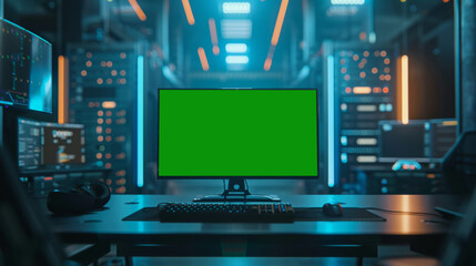 Naklejka premium Green screen in an AI analysis room on computer screens in a large high-tech data center. The concept of web services, machine learning, cybersecurity 41