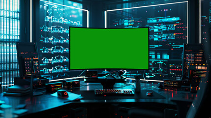 Fototapeta premium Green screen in an AI analysis room on computer screens in a large high-tech data center. The concept of web services, machine learning, cybersecurity 41