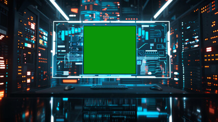 Green screen in an AI analysis room on computer screens in a large high-tech data center. The concept of web services, machine learning, cybersecurity 41