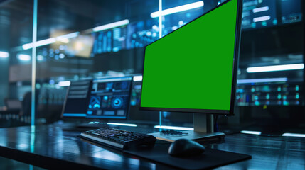 Naklejka premium Green screen in an AI analysis room on computer screens in a large high-tech data center. The concept of web services, machine learning, cybersecurity 41