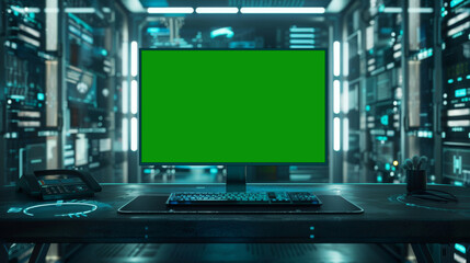 Fototapeta premium Green screen in an AI analysis room on computer screens in a large high-tech data center. The concept of web services, machine learning, cybersecurity 41