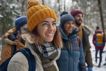 Fototapeta premium Group of friends enjoying a winter trek together