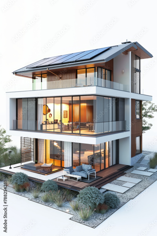 Poster visual representation of sustainable architecture through a 3d model of a modern house with solar pa
