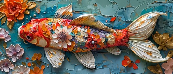 Vibrant folk art Koi fish with floral patterns, bright daylight, closeup, detailed scales and petals