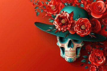 Vibrant Day of the Dead Skull with Roses and Hat - obrazy, fototapety, plakaty