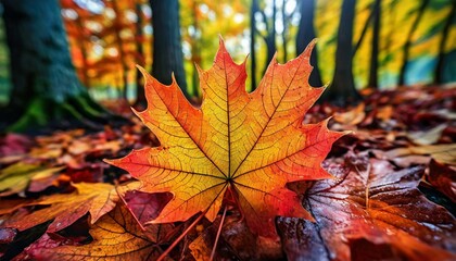 A majestic close-up of a maple leaf, showcasing its vibrant hues of red, orange, and yellow.