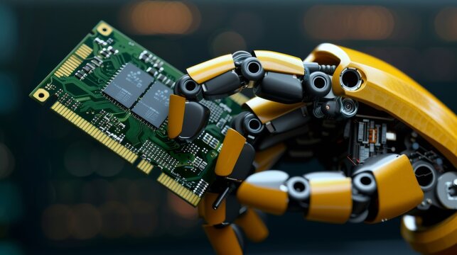 A robot hand holding a computer chip in its palm, AI
