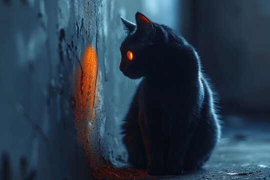 Shadow cat vibrant eyes clear night backdrop minimal detail sitting pose text space below