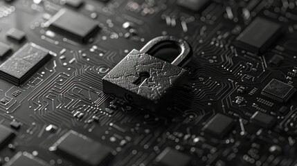 Secure Electronic Circuit Board with Padlock Symbol Close-Up