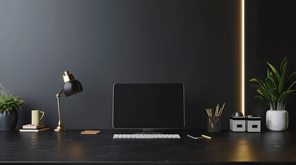 modern black office interior with a laptop on table,generative ai