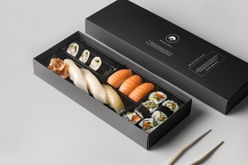 Elegant sushi set in a black box with chopsticks.
