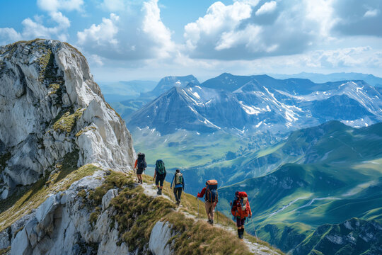 Group hiking adventure in majestic mountains