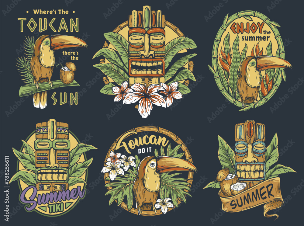 Wall mural set of tiki masks and toucans with summer themes for hawaiian-style prints and decor. hawaii wooden 