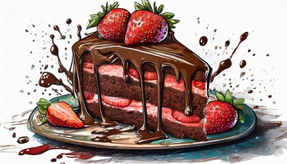 ilustración tarta de chocolate y fresas