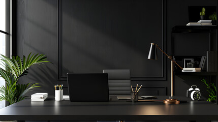modern black office interior with a laptop on table,generative ai