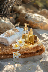 composition of spa treatment: bottle of massage oil with towel and flowers on the sand
