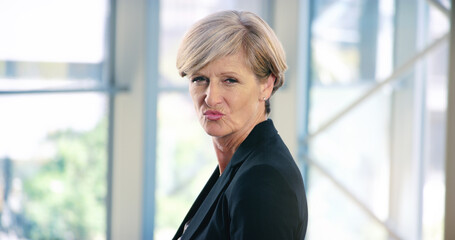 Business, office and portrait of woman with pout for corporate confidence, pride and funny face....