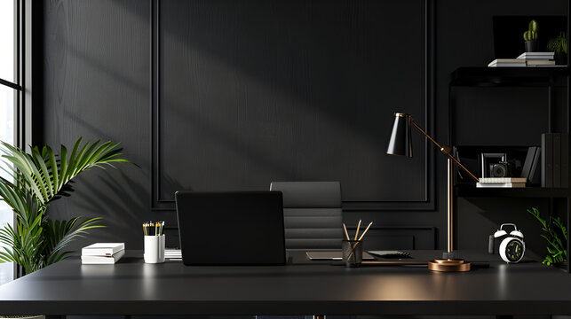 modern black office interior with a laptop on table,generative ai