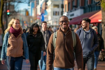 Urban diversity - smiling pedestrians on city street