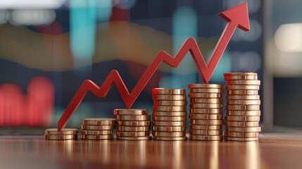 Ascending Financial Graph with Stacked Coins, A visual metaphor for financial growth, with coins stacked in increasing heights against a backdrop of a rising arrow graph.