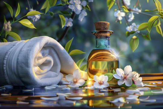 composition of spa treatment: bottle of massage oil with towel and flowers near blue swimpool