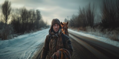 A mysterious traveler walking charismatically in old clothes in cold weather. A surrealist photo. horse and man in the same body - obrazy, fototapety, plakaty