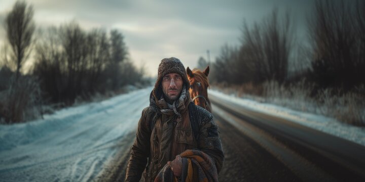 A mysterious traveler walking charismatically in old clothes in cold weather. A surrealist photo. horse and man in the same body