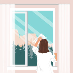 Woman is cleaning a window glass with rag and cleanser spray at home. Spring domestic work. Vector isolated illustration.