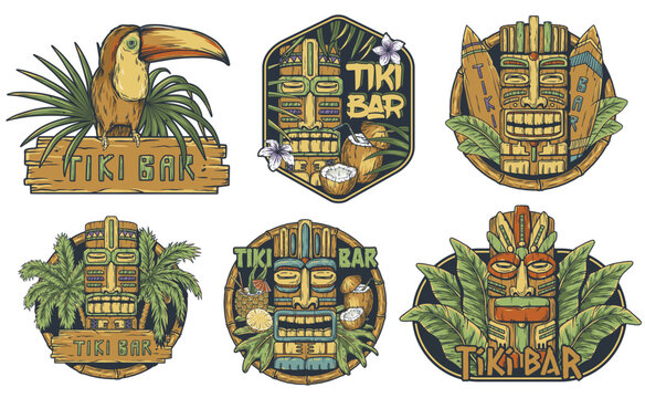 Hawaii wooden tiki mask collection. Traditional ethnic idol of hawaiian, maori or polynesian. Old tribal totem for tiki bar. Set of colorful tiki masks for summer-themed print and design