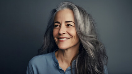 Fototapeta premium Elderly gray-haired woman on a blue background.