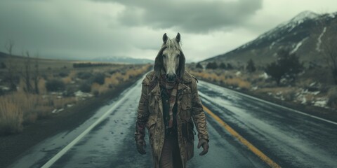 
A mysterious traveler walking charismatically in old clothes in cold weather.
A surrealist photo.
horse and man in the same body - obrazy, fototapety, plakaty