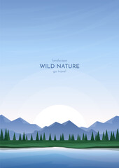 Vector image background. Mountains, trees and a green valley near a river or lake. Dawn. Clear blue sky. Travel and tourism concept.