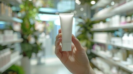 Hand Holding Blank Cosmetic Tube in a Beauty Shop, Close-up of a female hand presenting a white, unbranded cosmetic tube in a well-lit, bokeh-filled beauty shop setting.