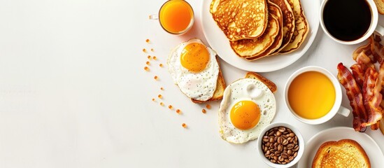 Top view of a traditional American breakfast on a white background with empty space. Includes sunny-side-up eggs, crispy bacon, hash browns, pancakes, toast, orange juice, and coffee. - obrazy, fototapety, plakaty