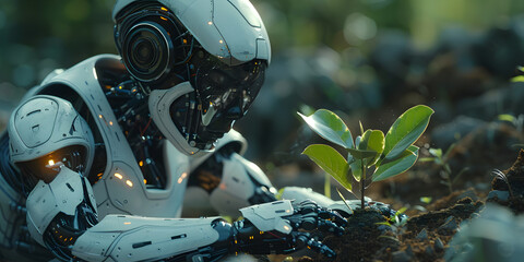 robot humanoid planting tree seedlings in the ground in the forest. Anti-deforestation concept in future. 