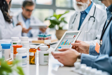 Medical team reviewing statistical data on a tablet amid various medications.