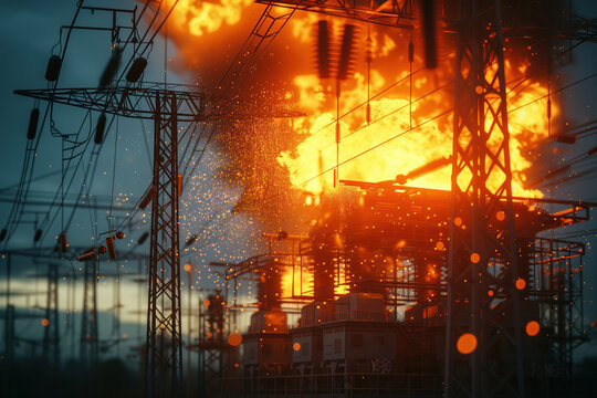 In aftermath of explosion fire broke out at an electric power plant AI Generative