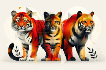 Fototapeta premium Three Stages of a Tiger's Movement in a Stylized Geometric Artwork