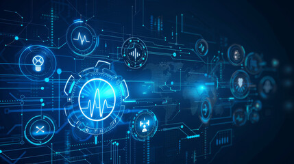 Health database, hologram and data with technology, future and digital transformation with scifi on blue background. Lines, pattern and medical software with AI, healthcare and metaverse with UI