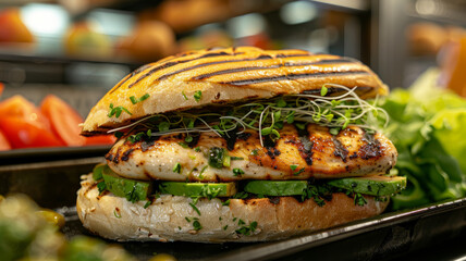 Grilled chicken sandwich on ciabatta bread - obrazy, fototapety, plakaty