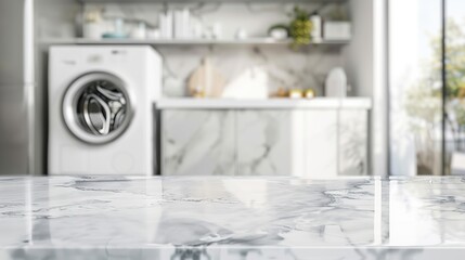 White blurry home laundry room with modern washing machine and empty marble table top. Blank space for product display. copy space for text. - obrazy, fototapety, plakaty