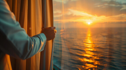 Man looking at sunset from ship cabin. - obrazy, fototapety, plakaty