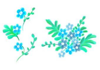 Blue flowers. Watercolor paper texture.