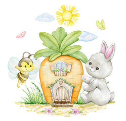 Bunny, bee, carrot house, watercolor clip art