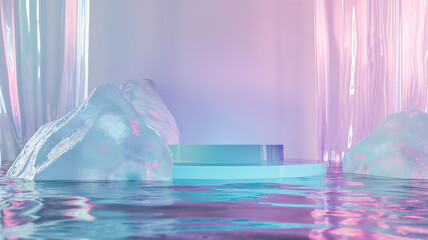 Holographic of Glass pedestals or podium, abstract liquid ,geometric museum stages, crystal displays for award ceremony or 1 presentation. Gallery platform, blank product stands. Modern 3D Hologram,