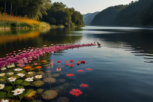 A picture-perfect springtime scene with a lone tree by the river and a morning meadow next to it. River Seret, Ukraine, Europe is the location. picture wallpaper. Environmental idea. Explore the earth