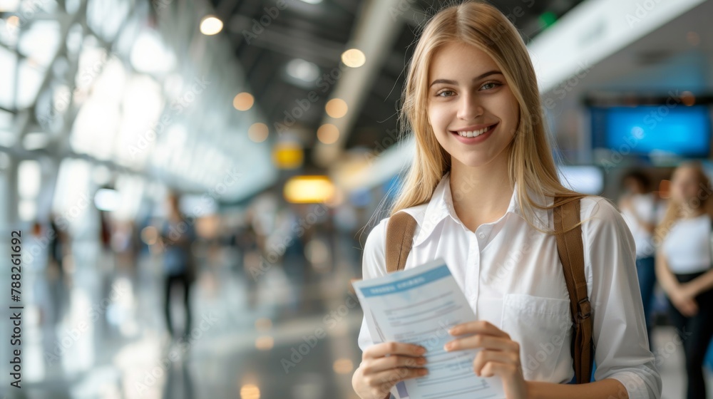 Wall mural A woman holding a piece of paper in an airport, AI