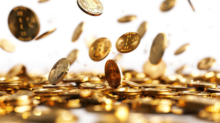 Golden Bitcoins falling dynamically against a bright backdrop, representing wealth or a cryptocurrency windfall.