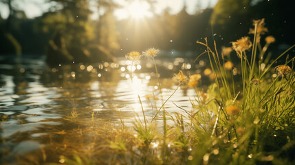 Paysage d'un coucher de soleil sur un lac en arrière-plan, avec au premier plan des herbes, plantes. Arrière-plan de flou. Reflet du soleil sur l'eau. Pour conception et création graphique. - obrazy, fototapety, plakaty
